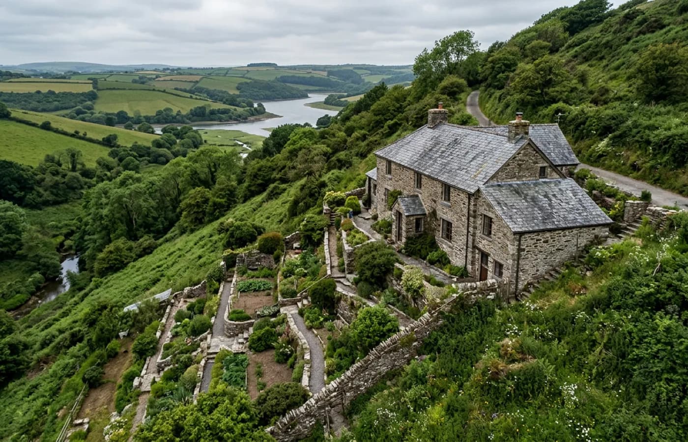 A house roof on a steep hillside plot, showing ground too uneven for a scaffold base without levelling and bracing