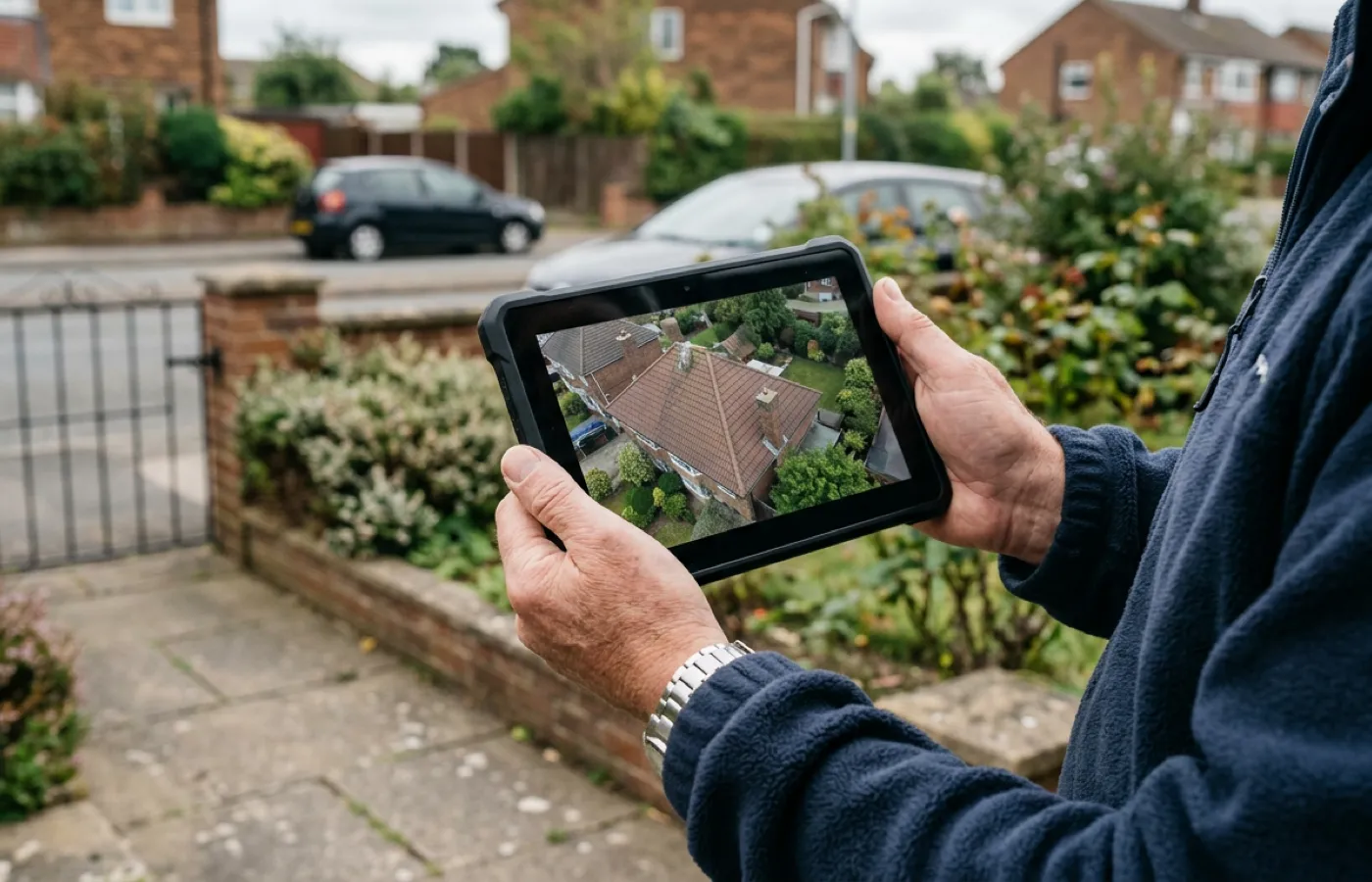 A tablet screen showing live aerial footage of a roof, held at chest height on an ordinary front garden path