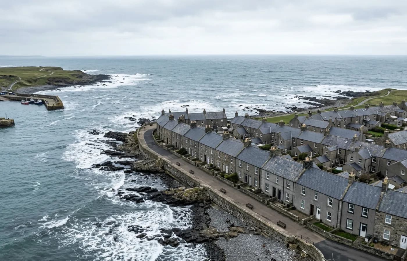 Aerial view over an exposed seafront with terraces facing open coastline and weather
