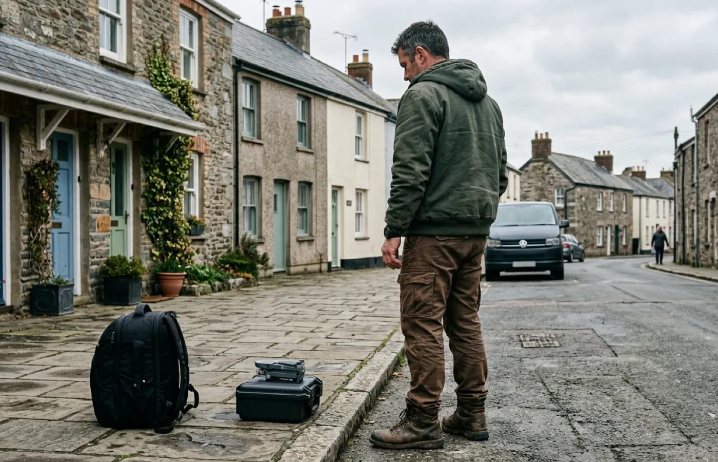 Sam Hembury standing beside a folded survey drone in front of a Devon terraced street, no scaffolding in shot